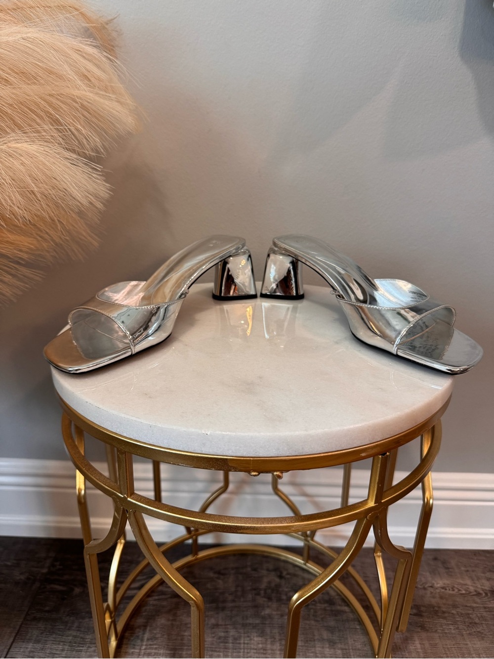 Zara Silver Metallic Open-Toe Block Heel Mules - Picture 9 of 12